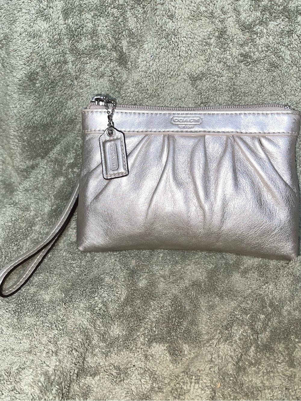 Coach Metallic Pale Silver Leather Wristlet Clutch